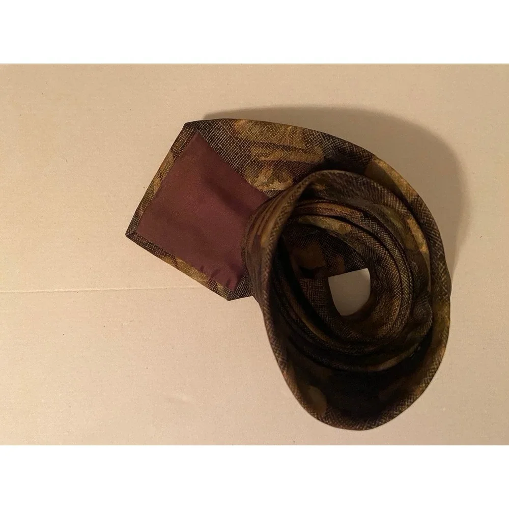 J. Ferrar Mens Silk Tie Brown Green Gold Geometric Made in Italy 4 Inch Width